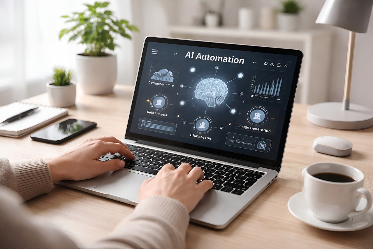 AI automation tools displayed on a modern laptop workspace representing small business technology solutions in 2026