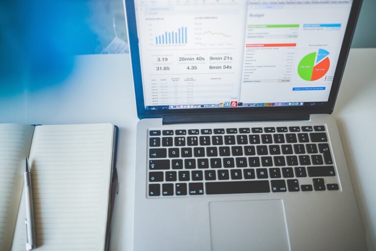 Modern laptop workspace with charts representing WordPress plugins and business website tools in 2026