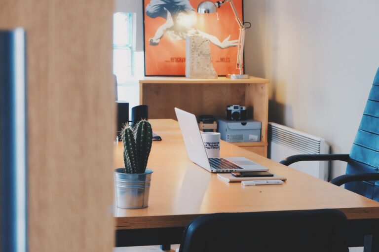 Modern office desk setup with laptop and cactus plant for a freelance portfolio website
