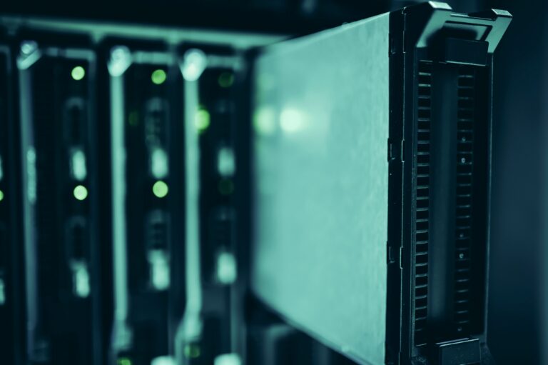 Server racks in a modern data center highlighting website hosting infrastructure