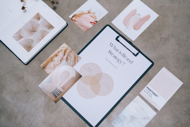 Flat lay of branding materials and design concepts for small business brand identity
